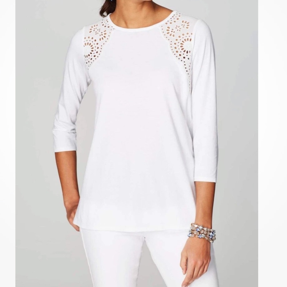 J. Jill White Eyelet Detail Knit Top Womens size L Large Tie Back